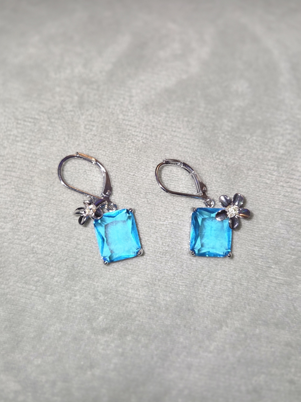 Silver Floral Blue Crystal Drop Earrings - Women Jewelry